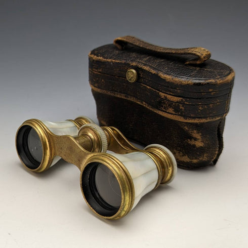 法國古董珍珠母貝裝飾歌劇眼鏡雙筒望遠鏡帶凡爾納盒